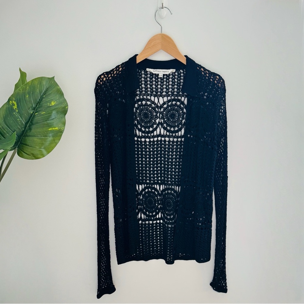 JEFFREY ROGERS | Black Crochet Open Front Cardigan Boho Style Size Small